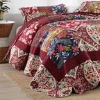 ENASAL Cotton Bedspread Quilt Sets Reversible Bedding Coverlet Sets Comforters Vintage Luxury Damask Floral Real Patchwork Burgundy Bedspread,Queen Size