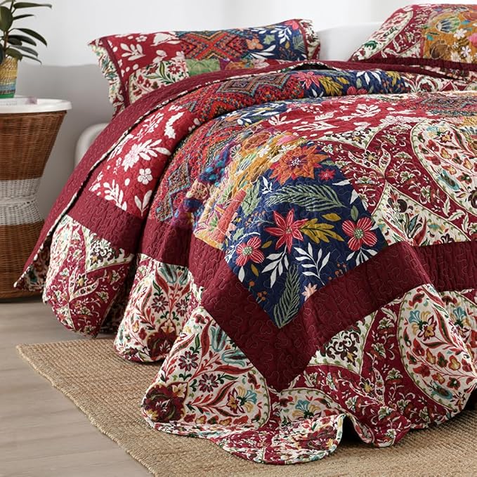 ENASAL Cotton Bedspread Quilt Sets Reversible Bedding Coverlet Sets Comforters Vintage Luxury Damask Floral Real Patchwork Burgundy Bedspread,Queen Size