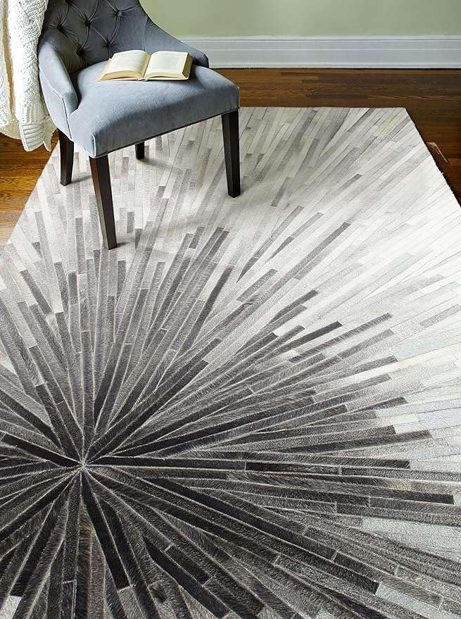 Faux Cowhide Area Rug | Radiating Starburst Pattern Non-Slip Leather Carpet for Western, Farmhouse & Modern Home Décor – Living Room, Bedroom & Office Accent(Grey_3x8)