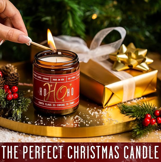 Christmas Candles for Holiday - 'Ho Ho Ho' Christmas Scented Candles, w/Clove, Orange & Cinnamon Candle I Stocking Stuffers for Women I 9oz Reusable Jar, 50Hr Burn, USA Made