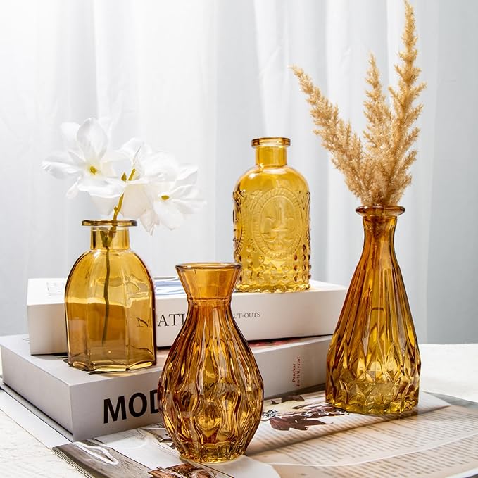 Glass Bud Vases Set of 10, Small Flower Vase in Bulk for Centerpieces, Mini Vintage Amber Vases for Rustic Wedding Vintage Home Table Decor