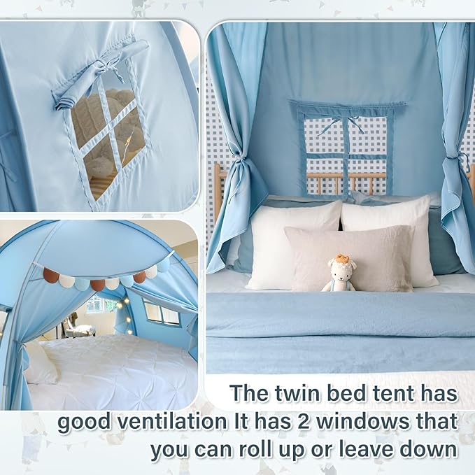 Sherilyn Twin Bed Canopy Tent, Canopy on Bed Privacy Space Sleeping Blackout Tents Bunk Bed Tent Twin Size (Blue)