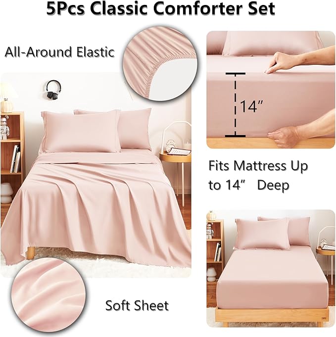 CozyLux Twin Comforter Set with Sheets Blush Pink - 5 Pieces Bed in a Bag Twin, All Season Bed Set for Girls and Boys, Bedding Set with Down Alternative Comforter, Sheets, Pillowcase & Sham