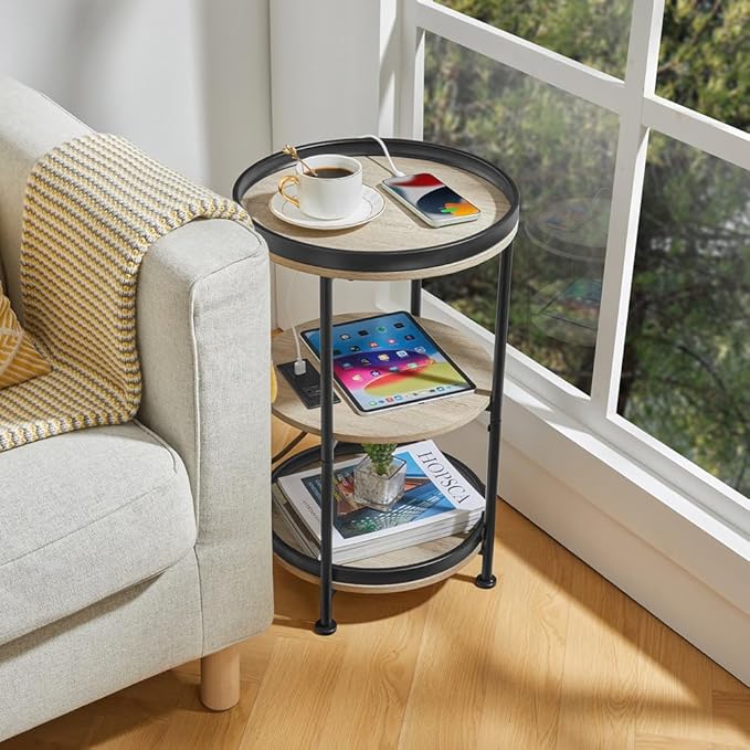 Dulcii Round Side Table with Charging Station, End Table with 3 Shelves for Living Room, Bedroom Nightstand for Small Spaces, Industrial Round Sofa Table with Steel Frame (USB+Oak)