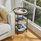 Dulcii Round Side Table with Charging Station, End Table with 3 Shelves for Living Room, Bedroom Nightstand for Small Spaces, Industrial Round Sofa Table with Steel Frame (USB+Oak)