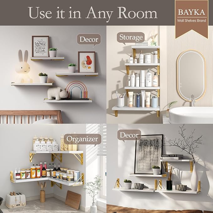 BAYKA Wall Shelves for Bedroom Decor, Floating Wall Shelves for Living Room Kitchen Storage, Wall Mounted Rustic Wood Shelves for Kids Books, Corner Shelf for Bathroom(White and Gold，Set of 4)