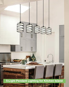 Black Pendant Lights Kitchen Island, Farmhouse Chandeliers for Dining Room 5-Light Pendant Light Hanging Linear Chandeliers, Kitchen Island Lighting with Frosted Glass Shades