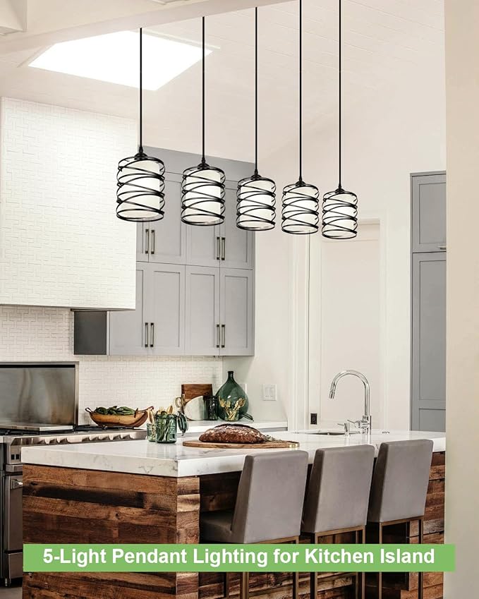 Black Pendant Lights Kitchen Island, Farmhouse Chandeliers for Dining Room 5-Light Pendant Light Hanging Linear Chandeliers, Kitchen Island Lighting with Frosted Glass Shades