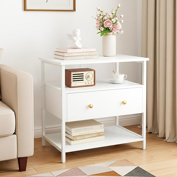 27 Inch Wide Night Stand Set 2 with Charging Station, Wood Nightstand with Open Shelf, Large Drawer Bedside Table for Living Room/Bedroom/Office (White)