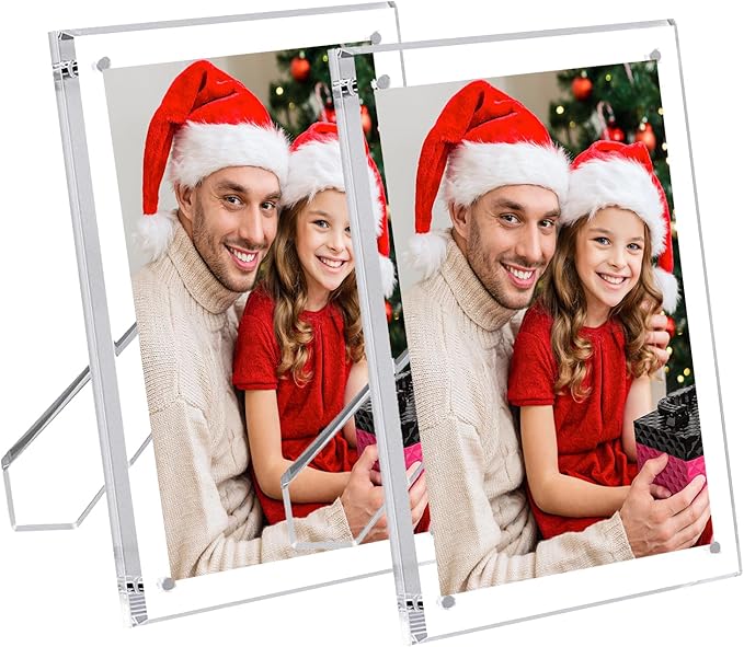 2 Pack 4x6 (Full Size:5x7) Acrylic Picture Frames With Stand, Clear Magnetic Photo Frame, Frameless Tabletop Picture Frame with Magnets for Home Office Desktop Display Horizontal or Vertical