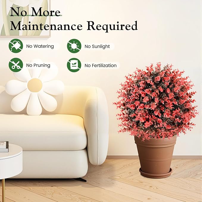 Lewondr Artificial Boxwood Topiary Ball Trees, 22.83'' Fake Plants Outdoor with Ground Spike, Set of 2 UV and Fade Resistant Faux Greenery Shrubs for Outdoor Indoor Front Porch Garden, Red