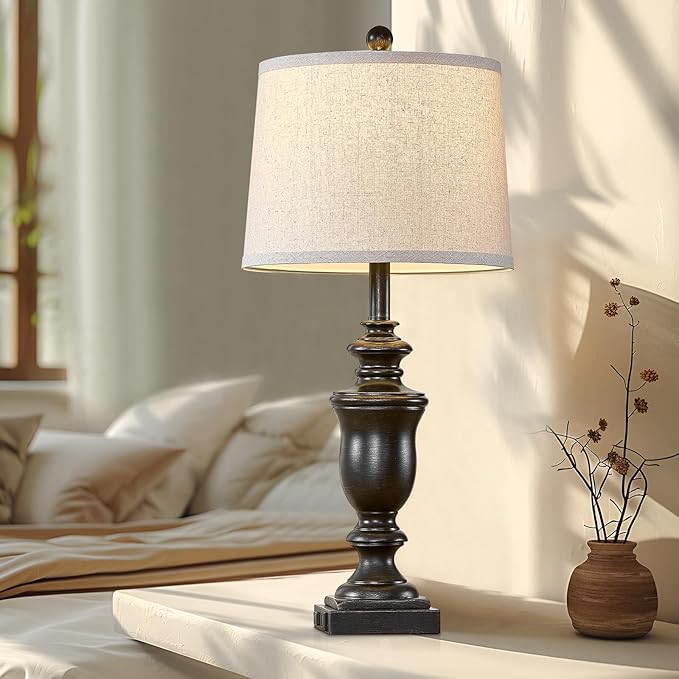 27.5" Vintage Farmhouse Table Lamps Set of 2 Bedside Lamp, 3 Way Dimmable Bedroom Lamps with 2 USB Ports +AC Outlet Touch Nightstand Lamp Rustic Lamp (Rotary-Antique Black)