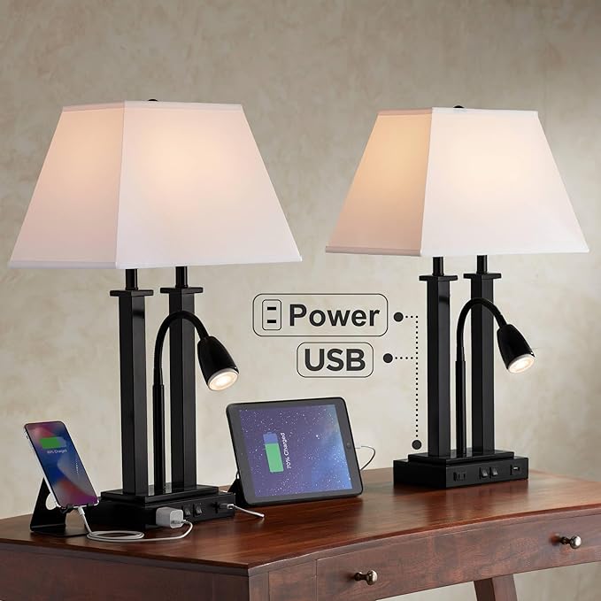 Possini Euro Design Deacon 26" High Industrial Modern Desk Lamps Set of 2 USB Port AC Power Outlet Gooseneck Black Metal Oatmeal Shade Home Office Living Room Charging Bedroom Bedside Nightstand