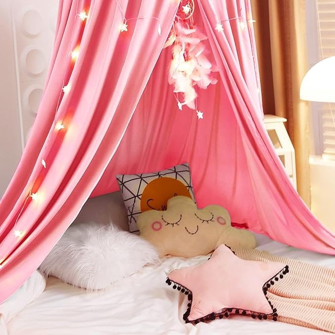 Kertnic Decor Canopy for Kids Bed, Soft Smooth Playing Tent Canopy Girls Room Decoration Princess Castle, Dreamy Mosquito Net Bedding, Children Reading Nook Canopies in Home (Nordic Pink)