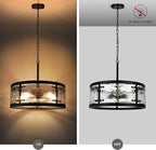 20" Farmhouse Round Black Chandelier, 5-Light Rustic Dining Room Light Fixtures Over Table, Industrial Glass Chandeliers for Dining Kitchen Living Room, Clear Waterglass Drum Shade