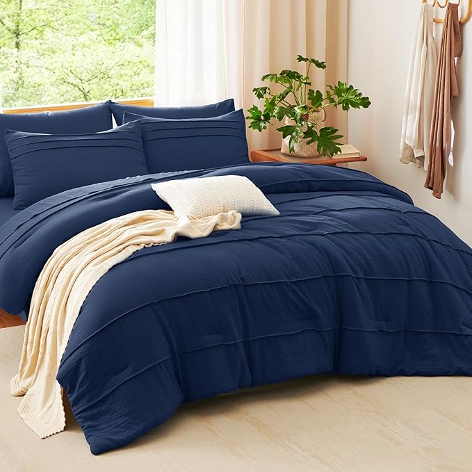 CozyLux Full Size Comforter Sets Navy Blue, 7 Pieces Soft Pinch Pleat Bed in a Bag Full Comforter Set with Sheets, Boho Bed Set with Down Alternative Comforter, Sheets, Pillowcases & Shams