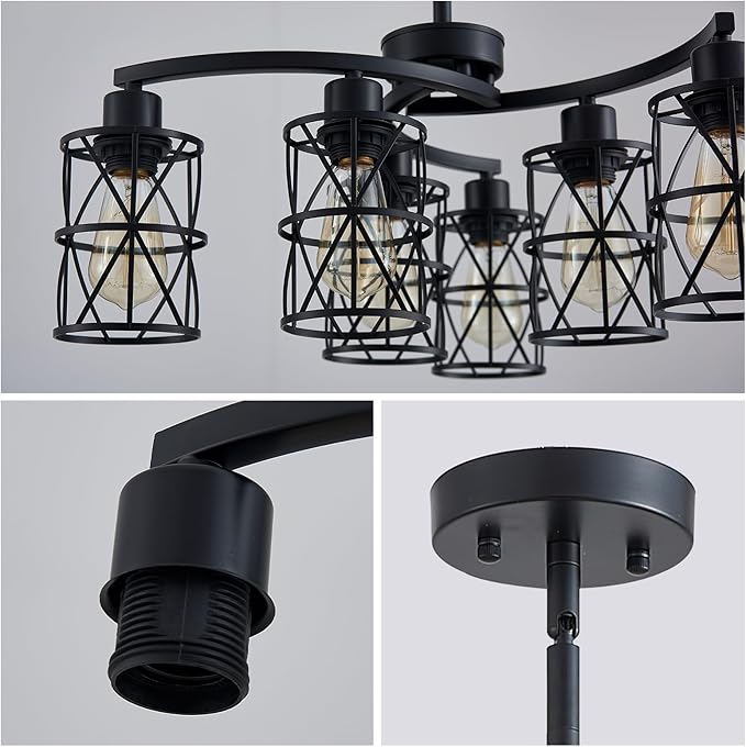 XINGQI Modern Black Chandelier 6-Light Pendant Lighting Fixture with Metal Shade 24" Height Adjustable for Dining Room Living Room Bedroom