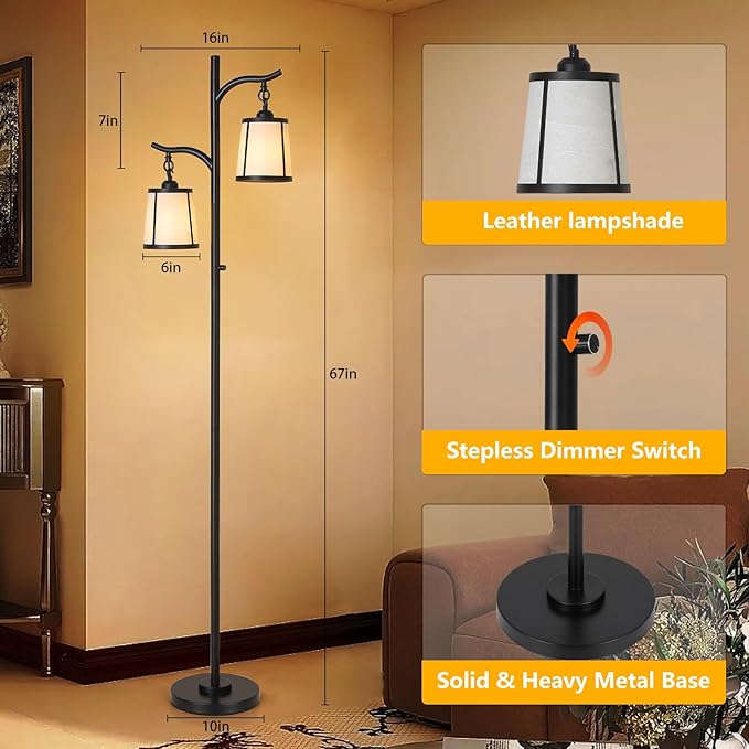9MMML Farmhouse Floor Lamp for Living Room, 67'' Tall Floor Lamp with 2 Hanging Smooth Faux Leather Lamp Shade, Vintage Black Dimmable Standing Lamp for Bedroom, 2 x 800LM LED Bulbs Included