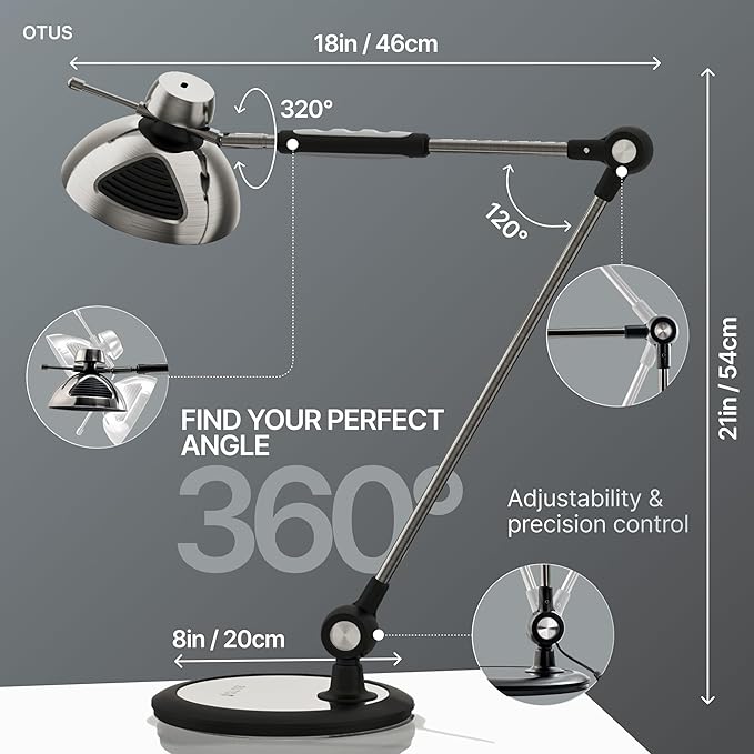 OTUS LED Desk Lamp for Home Office with Gesture Control | Eye-Caring Desk Light 1500 Lux, 12 Brightness & 3 Color | Architect Desk Lamp with Adjustable Swing Arm | Table Light for Work, Study, Reading