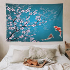 Houselerax Japanese Koi Fish Tapestry, Cherry Blossoms Asian Oriental Green Teal Flower Branch Koi Fish Carp Tapestries Wall Hanging for Bedroom Living Room Office Decor 90"x60"
