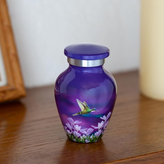 Olivia Memorials Small Urns for Human Ashes Adult Female - Set of 4 Purple Hummingbird Urns Keepsakes - Mini Cremation Urn for Mom Dad Baby Pet Dog