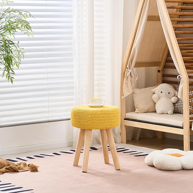 Wimarsbon Pouf Ottoman, 100% Cotton Knitted Boho Footstool, Round Footrest with Non-Skid Wood Legs, Home Décor Handmade Pouffe, Leisure Floor Step Stool for Living Room (Long Leg - Yellow)
