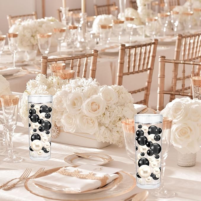 200PCS Black White Faux Pearls Beads for Centerpiece Vases, Vase Filler Faux Pearls, No Holes Filler Beads for Party Anniversary Birthday Wedding Table Decor, 10/14/20/30mm