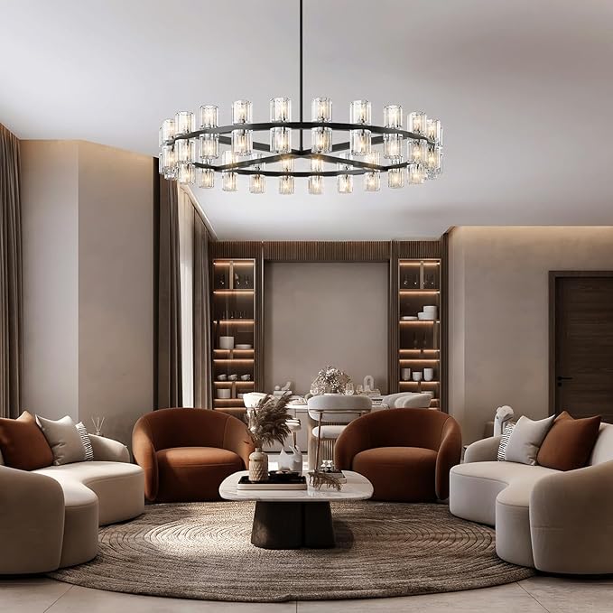 Modern 48 in Black Round Chandelier Light Fixture, Crystal Chandeliers for Dining Room, Living Room, Wagon Wheel Chandelier Over Table Chandeliers for Bedroom,Foyer,Includes 48xG4 Bulbs