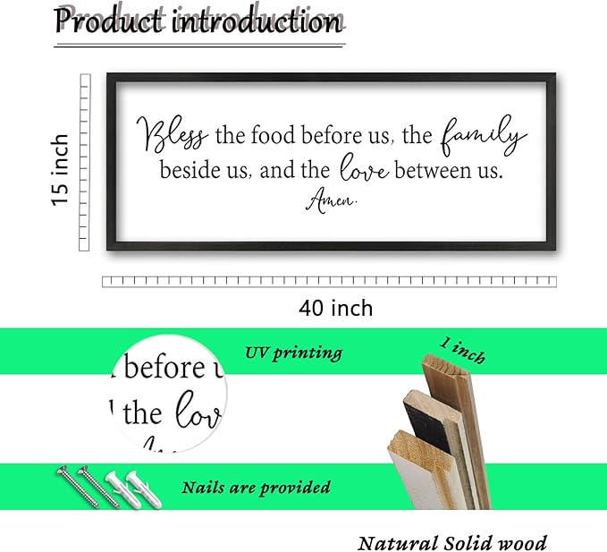 ZZJJHYWGQ Dining Room Bless The Food Before Us Wall Decor Kitchen Christian Sign 40"X15" Christian Grateful Farmhouse Large Catholic Wooden Frame Wall Hanging Art (Black)