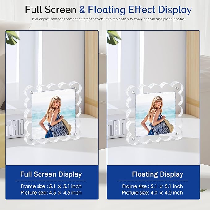 Acrylic Magnetic Picture Frames 4x4-6Pack Clear Freestanding Photo Frame.Double-Sided Scalloped Edges, 10+10mm Thick Block, for Modern Desktop Display &Perfect for Gifts (6 Pack, 4X4)