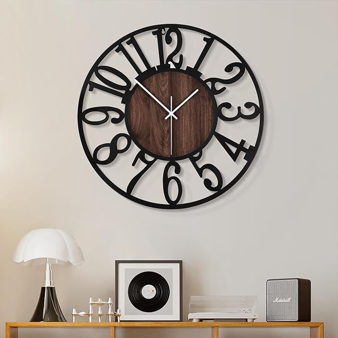 1st owned Wall Clock for Living Room -16" Silent Non Ticking,Battery Operated,Black Metal, Antique Wood Clocks for Farmhouse,Dining Room,Bedroom,Kitchen Clock Wall Decor- Arabic Numerals