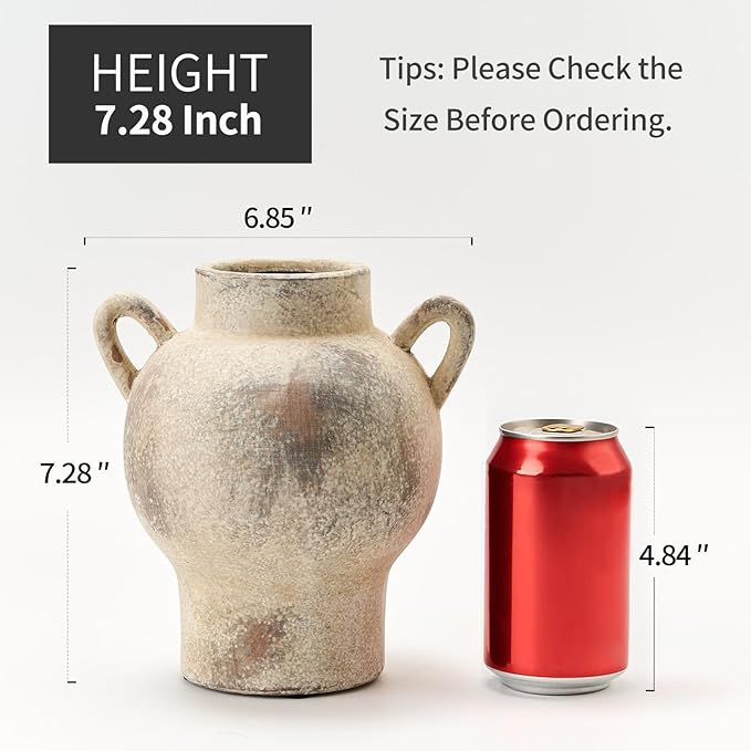 LUKA Antique Ceramic Vase with 2 Handle,7.28 inches Rustic Vase Minimalist Decor, Decorative Vases for Home Decor, Table, Living Room, Shelf, Christmas Decoration(Medium,Gray)