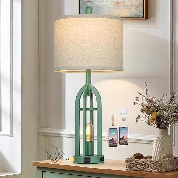 27" Tall Coastal Lamp,Retro-Green Vintage Bedside Nightstand Lamps with USB C+A & AC Outlet,3-Way Dimmable Touch Control Table Lamps for Bedroom Living Room with Night Light,Single Green