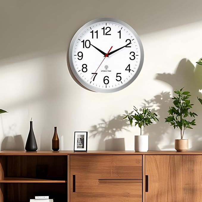 Atomic Wall Clock Modern 12 Inch Battery Operated Silent Non Ticking Analog Clock Decorative for Bedroom Kitchen Bathroom Office Home Living Room (Silver)