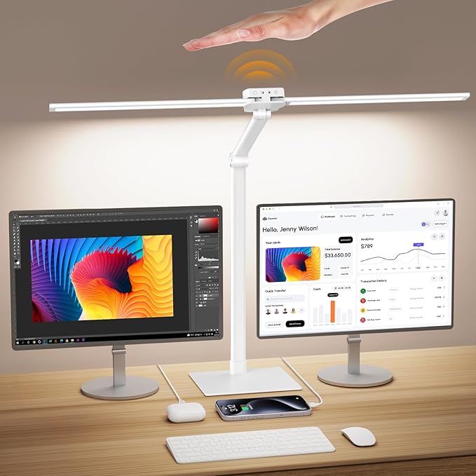 Syrinx Table Lamp, 24W Desk Lamp for Home Office with Gesture Sensor Switch and Touch Control, Eye-Caring Double Head LED Table Lamp with 25 Light Modes Adjustable Desk Light with Metal Base