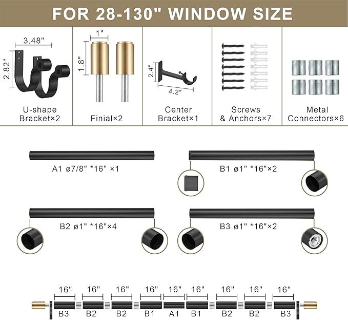 Curtain Rods for 28-130” Windows, Splicing Construction, 1” Adjustable Drapery Rod with Aluminum Alloy Brackets and Finials for Window, Sliding Door, Patio, Living Room Decoration, Matte Black&Gold