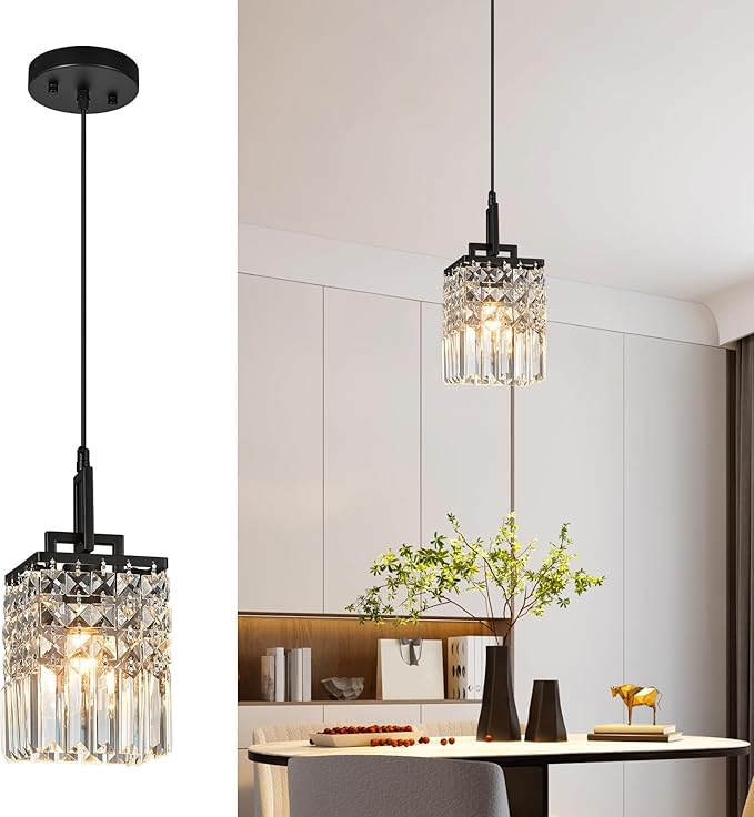 Modern Crystal Pendant Light Kitchen Island Farmhouse Lamp Adjustable Height Hanging Lighting Square Black Chandelier Suitable for Kitchen Island Dining Room and Bedroom(1Pack)