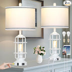 Farmhouse Lamps Set of 2, White Vintage Rustic Industrial Lamps with USB A+C Charging Ports & AC Outlet, 3 Way Dimmable Touch Control Table Lamp with LED Night Light for Living Room Bedrooms Office