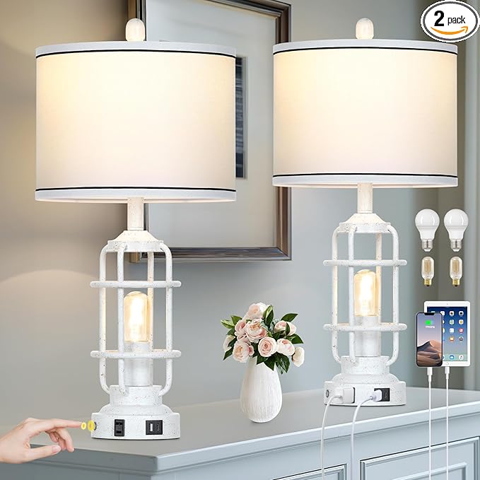Farmhouse Lamps Set of 2, White Vintage Rustic Industrial Lamps with USB A+C Charging Ports & AC Outlet, 3 Way Dimmable Touch Control Table Lamp with LED Night Light for Living Room Bedrooms Office