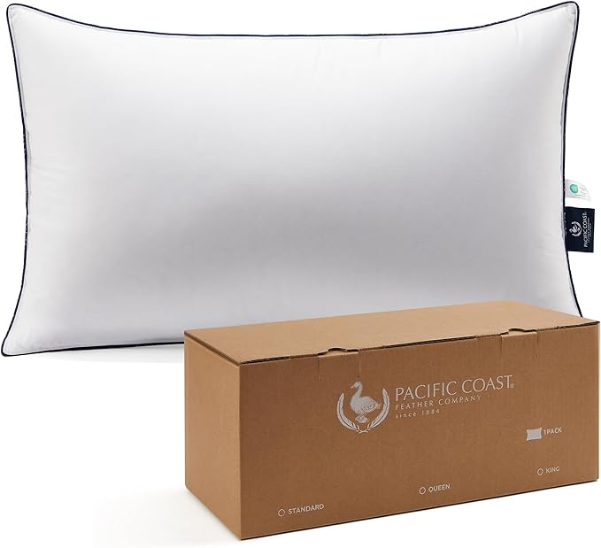 Pacific Coast Bed Pillow, Hotel Goose Feather and Down Pillow for Sleeping, 3-Chamber Pillow with High Thread Count 100% Cotton Shell, Queen Size