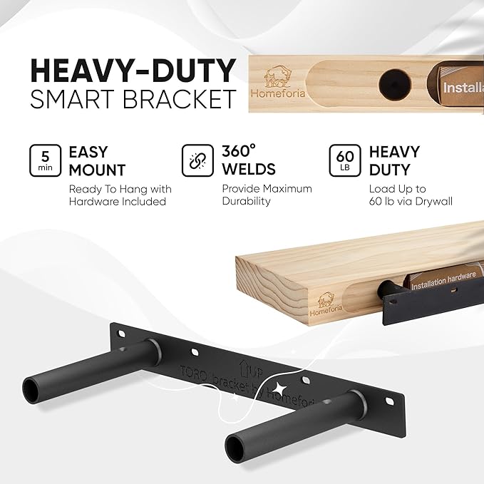 Homeforia 16 inch Black Floating Shelves, High End Solid Real Wood 16inch Bathroom Floating Shelves for Wall Mounted, 16in Wooden Small Floating Shelf, Heavy Duty Bracket, 16 X 6.5 X 1.75 in, Set of 2