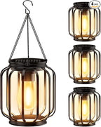 Solar Hanging Lanterns Outdoor Waterproof: 4 Pack Metal Solar-Powered Lights with Hook, Bright Warm Lantern Decor for Outside, Classic Outdoor Lighting for Yard Garden Patio Porch Balcony Decorations