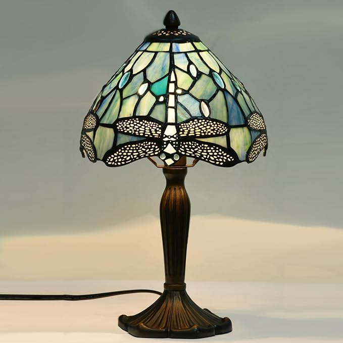 TL0008 Tiffany Lamp Sea Blue Stained Glass Dragonfly Style Desk Reading Light for Small Space Bedside Bedroom Home Office,8" D x 14.25" H, LED Bulb Included