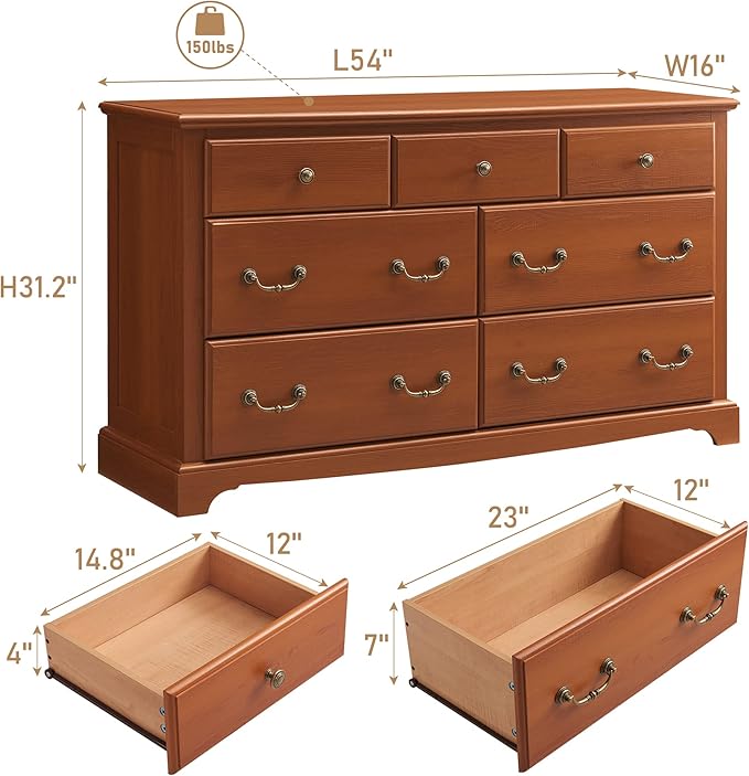 T4TREAM 7 Drawers Dresser Chests for Bedroom, Wood Vintage Chests of Drawers, Rustic Dressers Chset Organizer for Bedroom, Living Room, Hallway, Cherry
