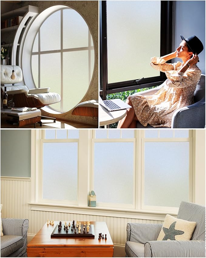 Frosted Glass Window Film Decorative with Reference Cutting Line, Bathroom Window Privacy Film for Glass Windows Cover, Static Cling, Removable, Reusable, Anti-UV, Anti-Glare, 45.2" x 78.74"