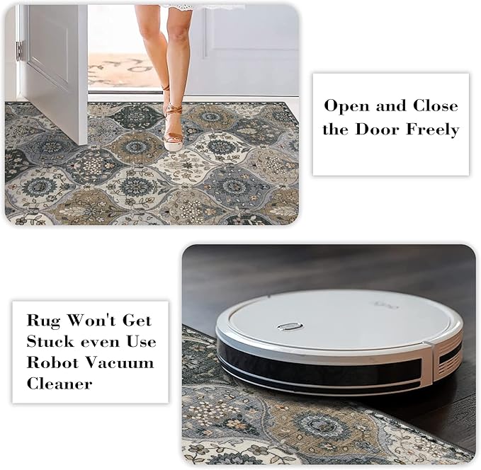 Lahome Moroccan Machine Washable Area Rugs, 4x6 Rug for Living Room Bedroom, Soft Non-Slip Rug Vintage Trellis Ultra-Thin Throw Carpet for Dining Room Office, Grey