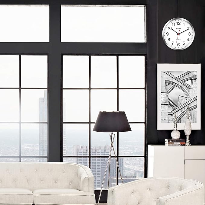 Sharp Wall Clock – Silver/Chrome, Silent Non Ticking 12 Inch Quality Quartz Battery Operated Round Easy to Read Home/Kitchen/Office/Classroom/School Clocks, Sweep Movement