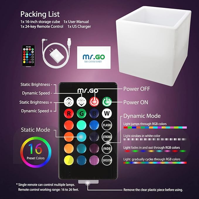 Mr.Go 16-inch SEMI-Storage LED Light Cube, Rechargeable RGB Color Changing Glowing Cube Cabinet Container End Table Ice Bucket Flower Pot Planter