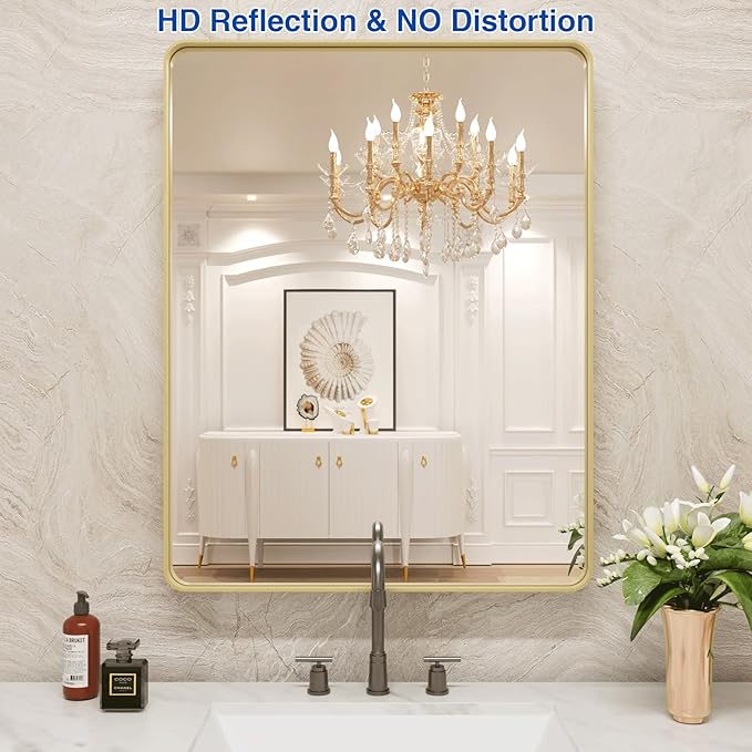 WEER Gold Bathroom Mirror, 24X36 Inch Brushed Gold Metal Frame Mirror, Rounded Rectangle Gold Bathroom Vanity Mirror for Wall, Tempered Glass, Anti-Rust, Hangs Horizontally or Vertically