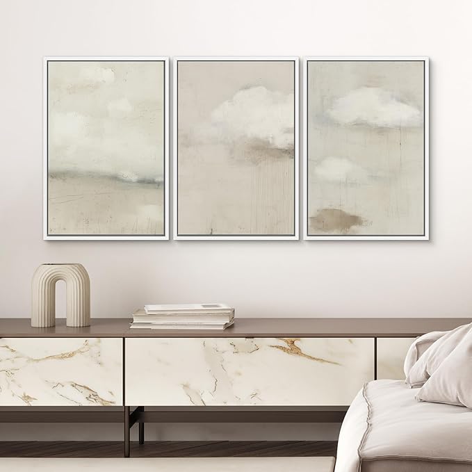 SIGNWIN Framed Canvas Print Wall Art Soft Neutral Cloudscape Minimalist Sky Photography Modern Art Minimalist Black and White for Living Room, Bedroom, Office - 24"x36"x3 White